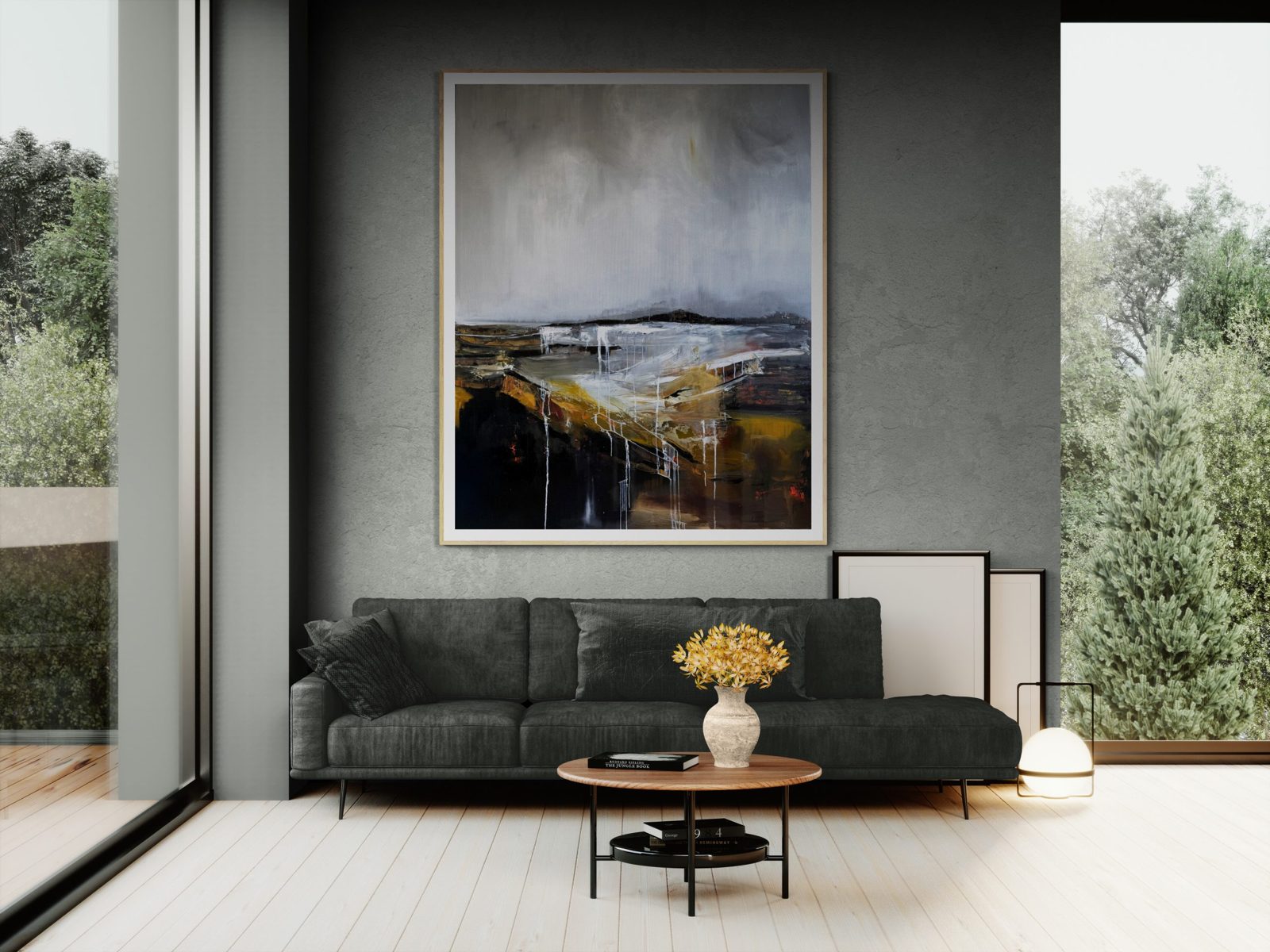 AURA TERRA — abstrakta eļļas glezna 160×200 cm interjerā